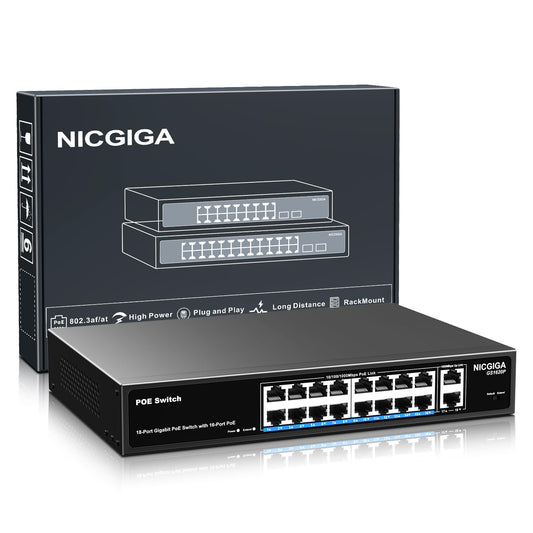 16 Port Gigabit PoE Switch Unmanaged, 16 Port PoE+@250W, 2 Gigabit Uplink Ports, NICGIGA 18 Port Gigabit Network Power Over Ethernet Switch, VLAN