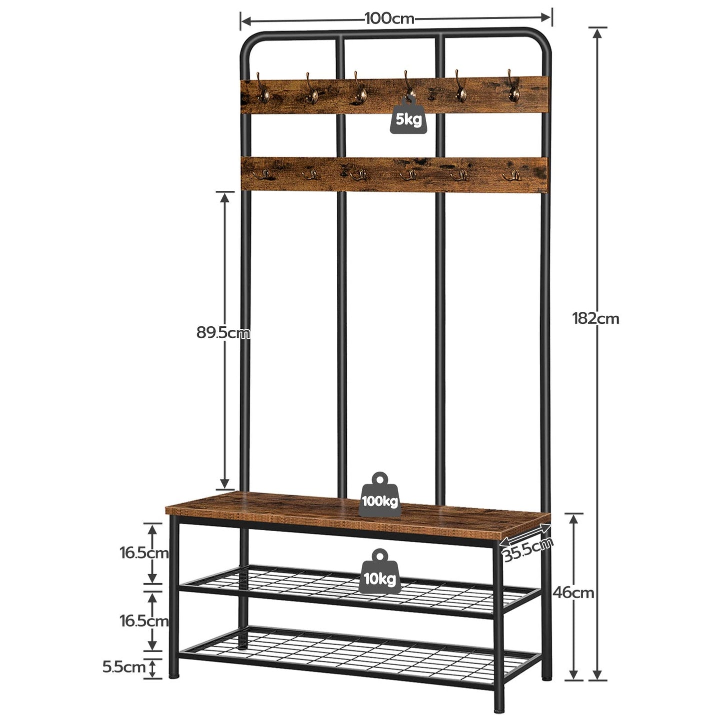 HOOBRO Coat Stand, 182 cm Coat Rack with Shoe Bench, Hall Tree with 12 Hooks, Shoe and Coat Rack for Living Room Entryway Hallway, Industrial Style