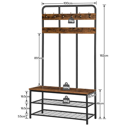 HOOBRO Coat Stand, 182 cm Coat Rack with Shoe Bench, Hall Tree with 12 Hooks, Shoe and Coat Rack for Living Room Entryway Hallway, Industrial Style
