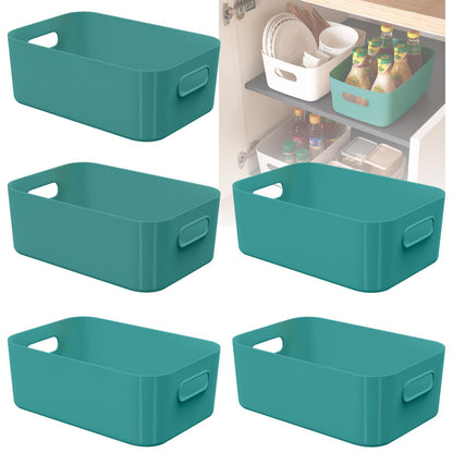 W&H 5 PCS Green Plastic Storage Boxes with Handle, Small Storage Baskets, Rectangular Home & Kitchen Organiser, Cupboard Boxes for Shelves, Bathroom