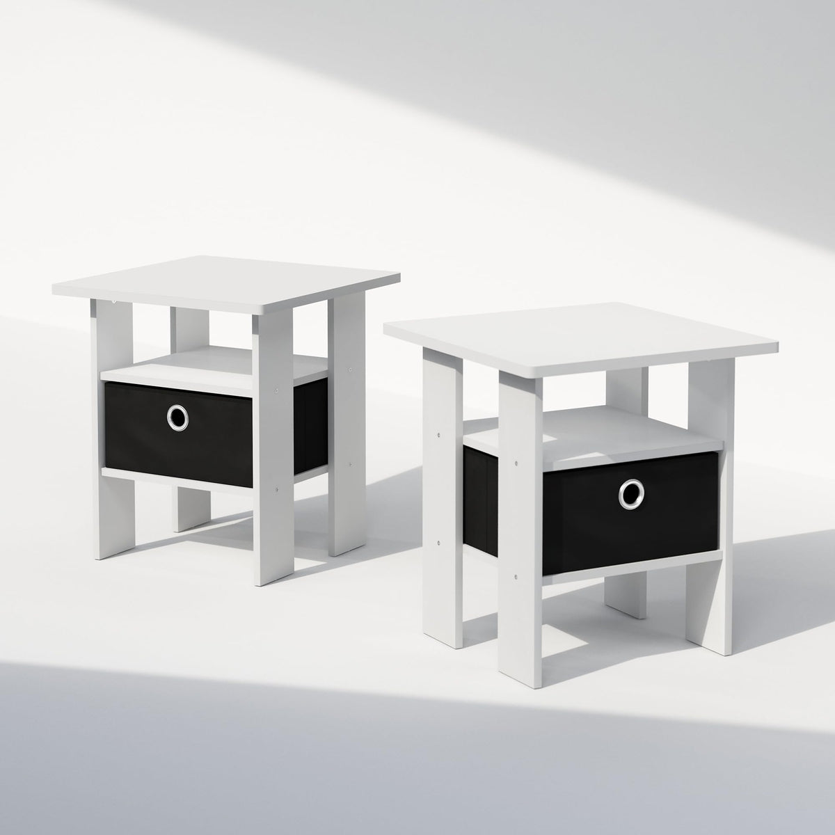 Furinno TIDUR Set of 2, Bedside Table with Storage Bin, White