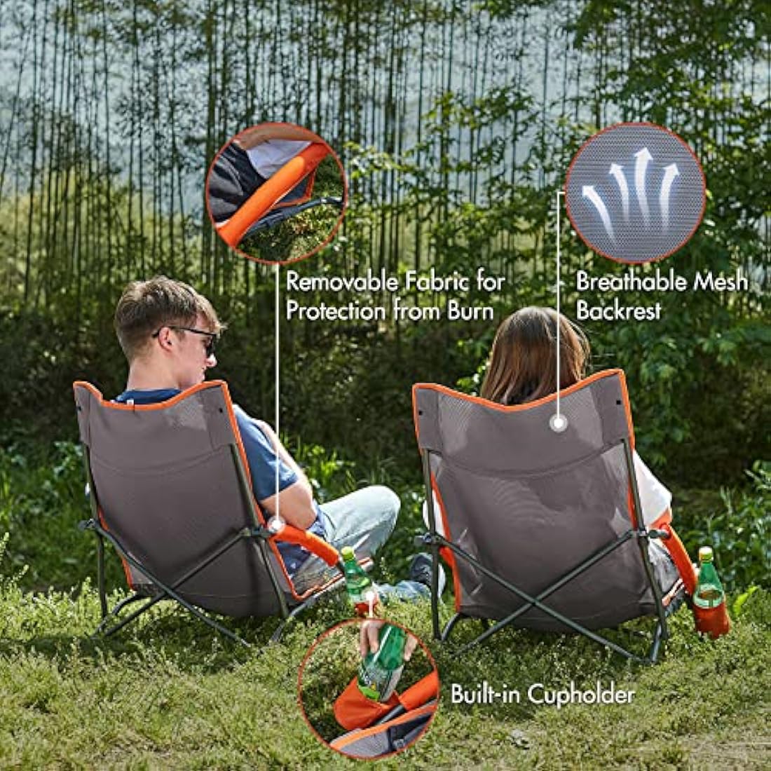Portal Folding Beach Chairs Low Lightweight Portable for Adults Foldable Beach Seat Camping Festival Picnic Deck Chair Outdoor Collapsible with Cupholder Mesh Back Padded Armrests Supports 150KG