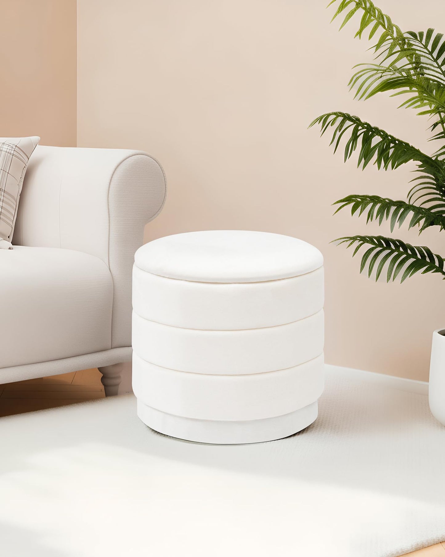 Bonlife Storage Ottoman Round - Folding Foot Rest with Hidden Storage, Cream Velvet 39x39x37cm for Living Room, Bedroom & Hallway
