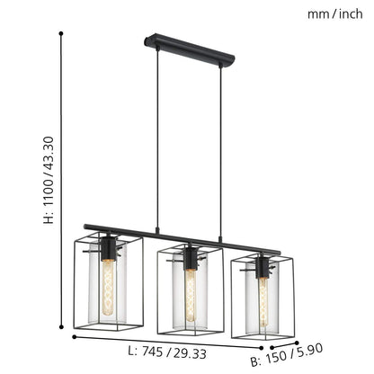 Eglo Loncino Pendant lamp, 3-Flame Vintage Pendant lamp, Hanging lamp Made of Steel, Colour: Black, Glass: Tinted Glass, Socket: E27, L: 74.5 cm/29.3