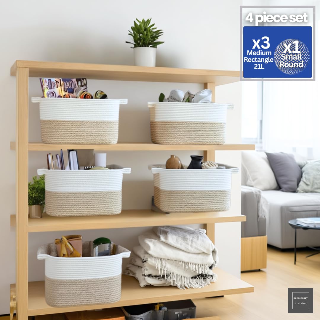 4pcs Cotton Rope Storage Basket – 3 Medium + 1 Small Woven Baskets with Handles for Living Room, Bedroom, Bathroom & Nursery – White & Beige
