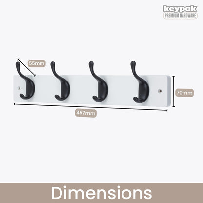 keypak 4 Matte Black Coat Hooks on White Wooden 46cm Board. 3.4kg Per Hook