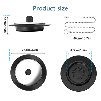 QINCINA 2 Pcs Universal Sink Plug, Black Rubber, 43mm, 23mm, Kitchen & Bathroom Sink Plug Replacement, 40cm Stainless Steel Chain (2 Pack)