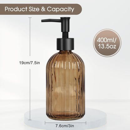 Topsky Glass Soap Dispenser with Black Rustproof Plastic Pump, 400ml Amber