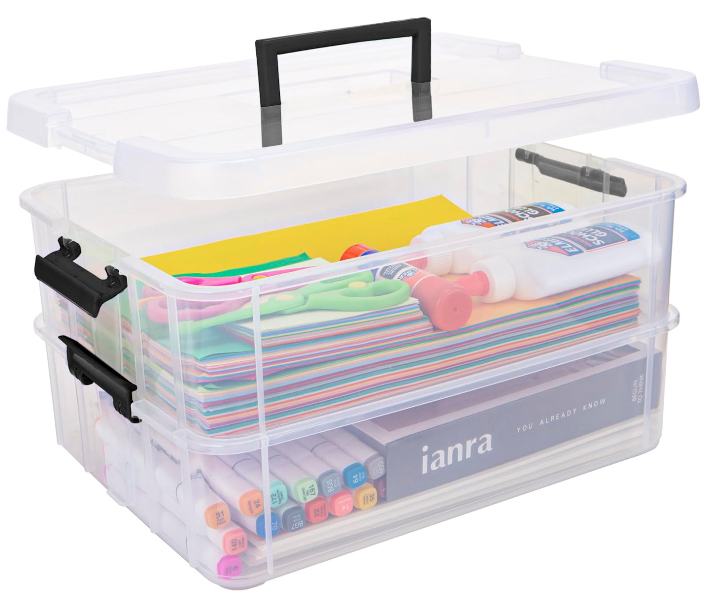 Creahaus 2 Layer Plastic Storage Containers with Lids, Multipurpose Clear Stack & Carry Box