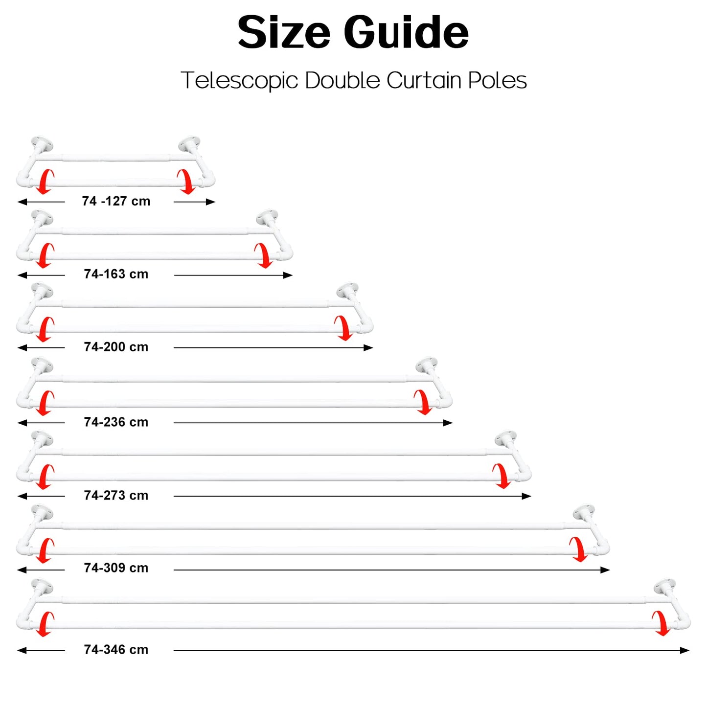 Harrms Industrial Double Curtain Pole, Curtain Poles for Eyelet Curtains, Matt White, 74-273cm, Extendable Metal Curtain Rod Blackout Room Darkening