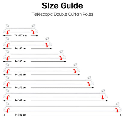 Harrms Industrial Double Curtain Pole, Curtain Poles for Eyelet Curtains, Matt White, 74-236cm, Extendable Metal Curtain Rod Blackout Room Darkening