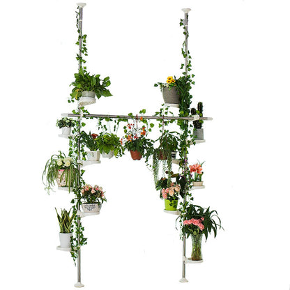 BAOYOUNI Indoor Plant Stands Spring Double Tension Pole Metal Flower Display Rack Space Saver Corner Floral Pot Storage Shelf with 12 Trays, 2 Hooks &