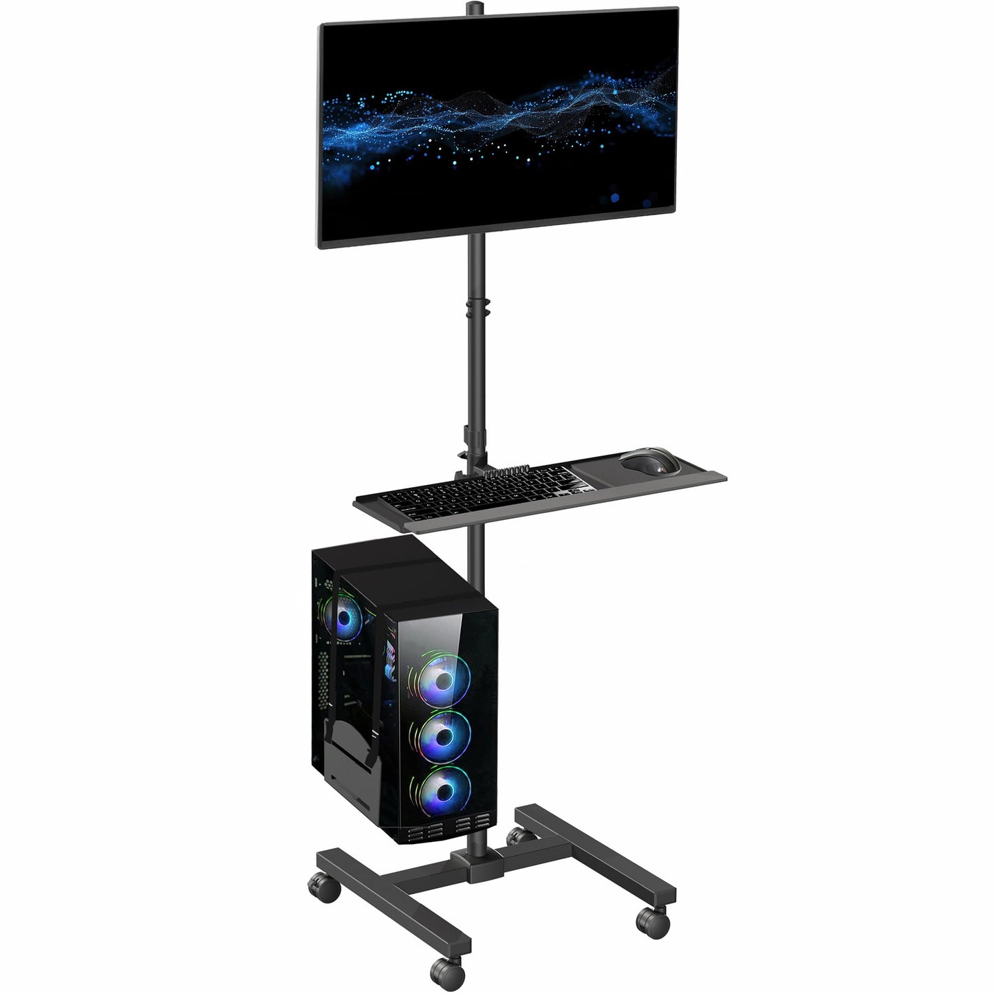 VIVO Black Computer Mobile Cart Rolling Stand | Adjustable Monitor Mount 32" Case Holder & Keyboard Tray Moving Workstation (CART-PC02T)