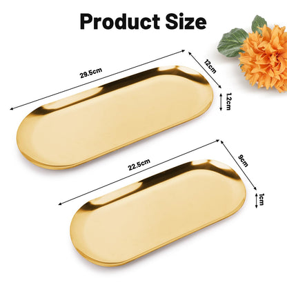Minicoco 2PCS Oval Tray Stainless Steel Jewellery Cosmetic Tray Perfume Candle Holder Decorative Tea Fruit Key Bowl (Gold)
