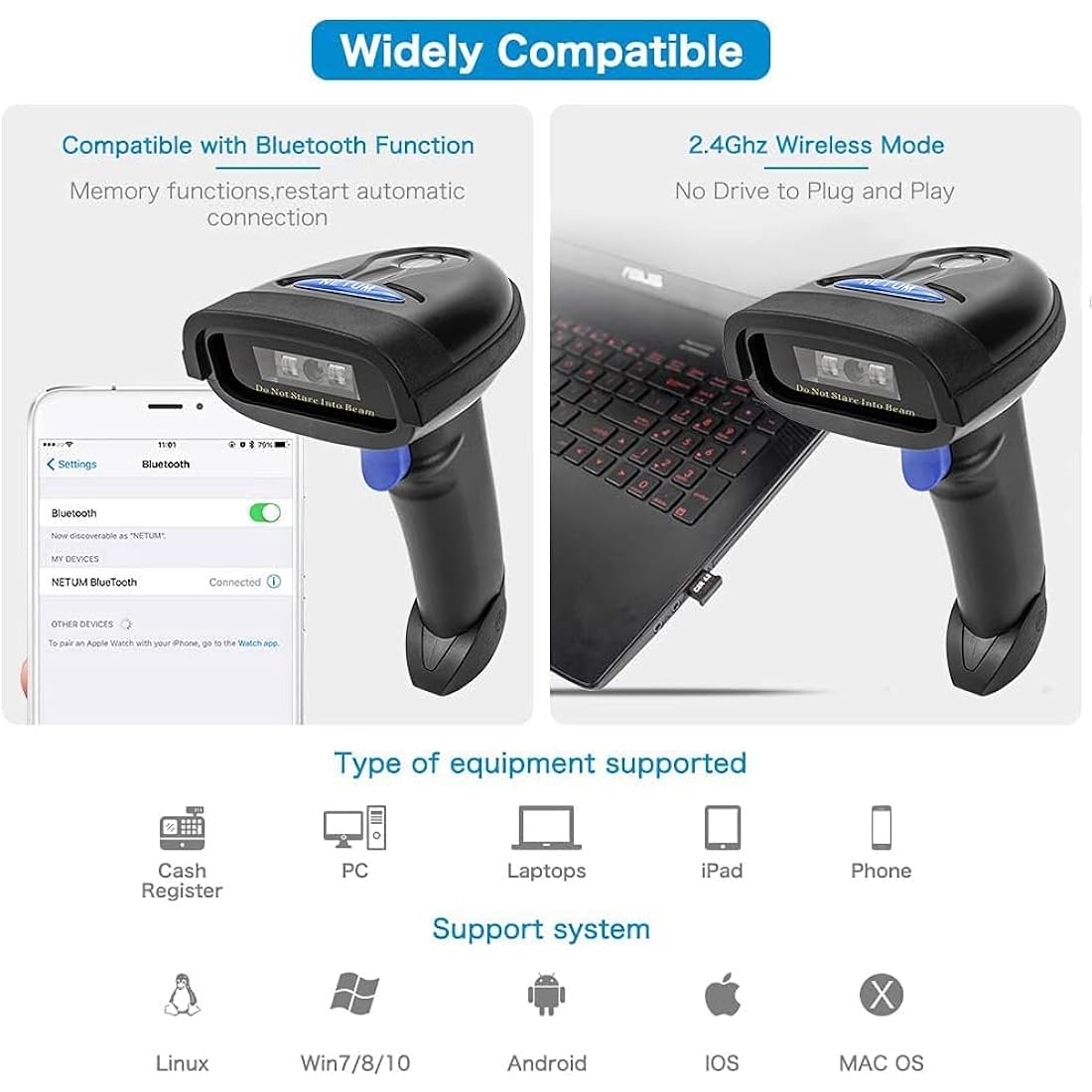 NETUM NT-1228BC Bluetooth CCD Barcode Scanner Handheld USB Wireless Bluetooth Wired 1D Barcodes Imager for Mobile Payment Computer Screen Scan Support IOS & Android