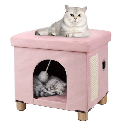 BRIAN & DANY Cat Cave for Indoor Cats, Multifunctional Cat Cube House with Scratch Board & Ball, Foldable Cat Bed, 37.5 x 32.5 x 36 cm, Pink