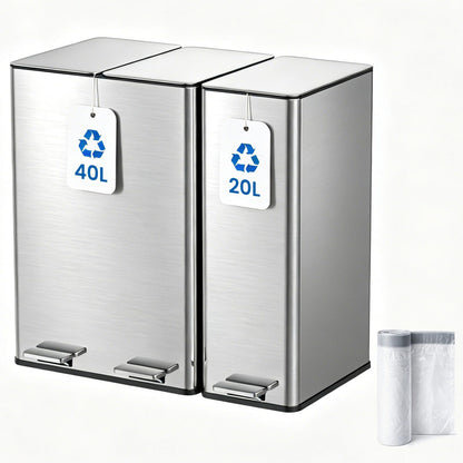 Kitchen Bin,40L Double Bin+20L Single Bin,Tall Slim 60L Stainless Steel Pedal Bin,Dual Bin Rubbish Recycling with Soft-Close Lids and Inner