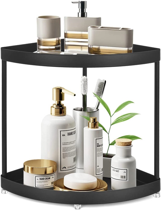 APAFISH 2-Tier Corner Storage Shelf Stackable Organiser for Cosmetics, Bathroom, Kitchen, Countertop, and Vanity, Black
