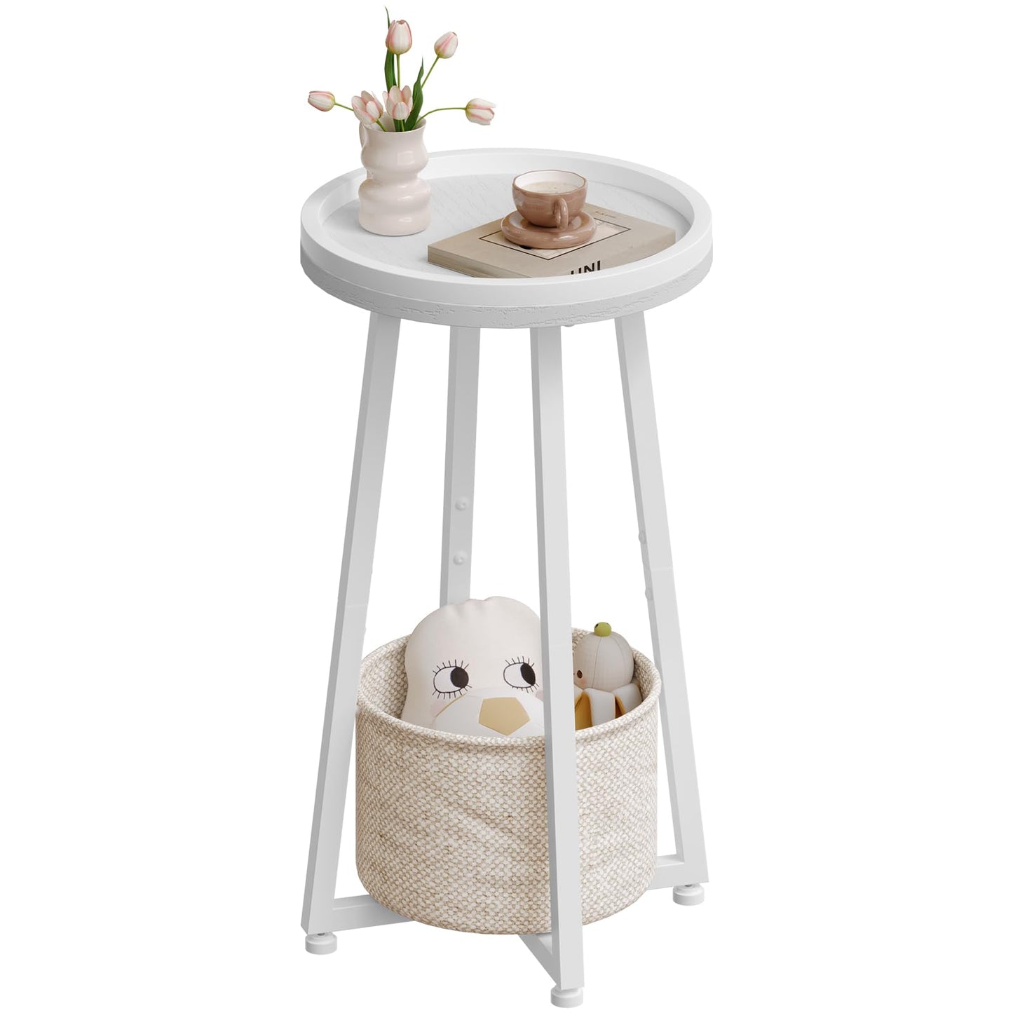 HOOBRO Round Side Table, 2 Tier Sofa Side Table Small Table with Storage Basket, Round Bedside Table, Compact Corner Tables for Small Spaces