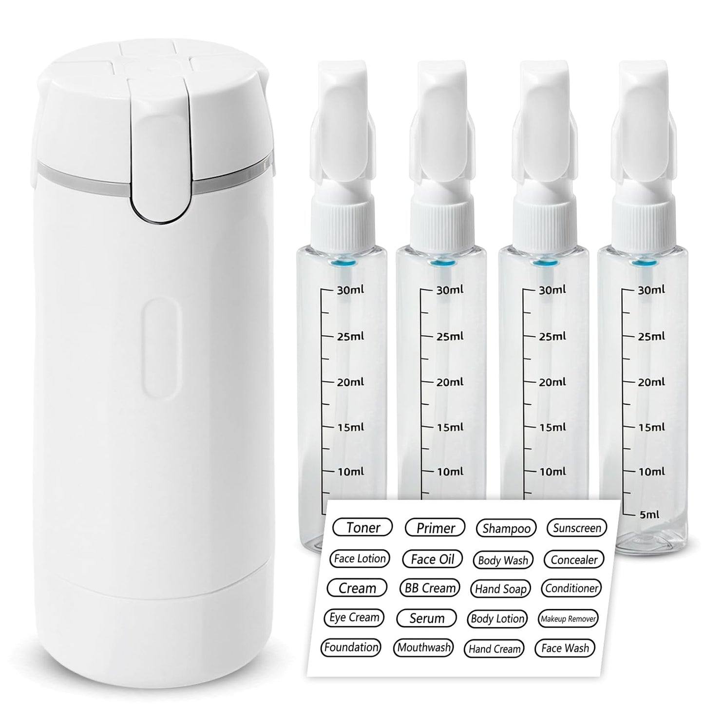 4 in 1 Travel Bottle Dispenser, Refillable Leakproof Mini Plastic Travel Containers for Toiletries
