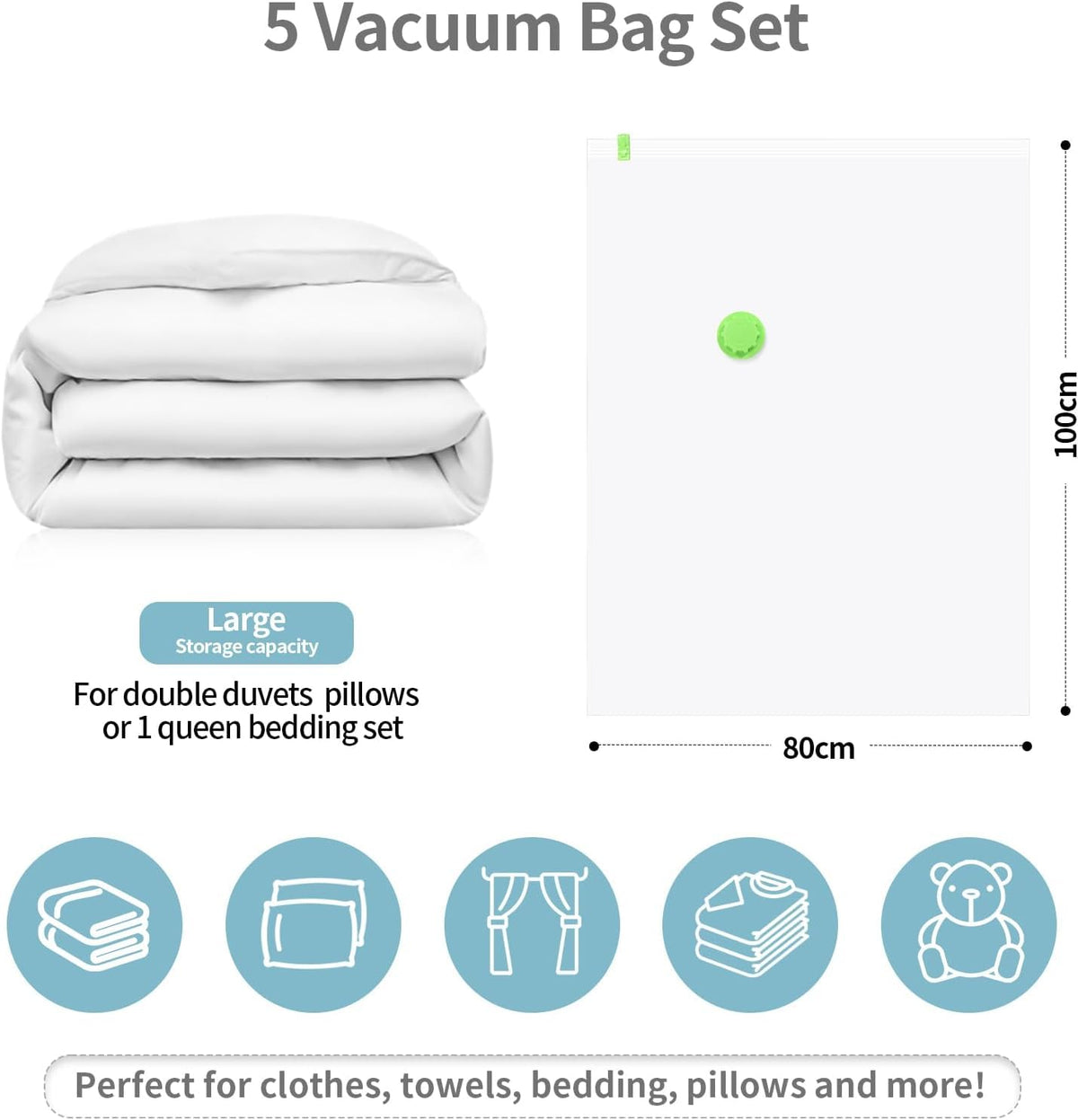 HEAVY DUTY 5 VACUUM STORAGE BAGS by Gorilla Bags, Extra Large 100x80cm. Extra Strong 90 Microns. Double Zip Seal & Unique Turbo Valve Keeps Items