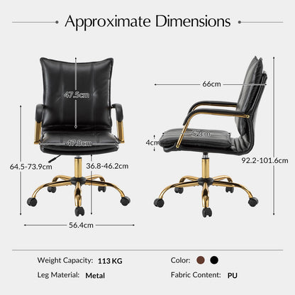 HULALA HOME Faux Leather Home Office Chair with Gold Base and Arms, Black