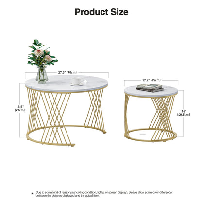 Skokliz Round Coffee Tables, Set of 2 Nesting tables for Living Room, Multi-functional Side Table with Gold Metal Frame for Bedroom Office Apartment