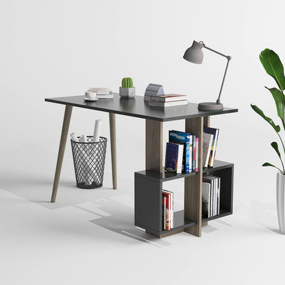 DEMANZE Writing Computer Desk, Home Office Study Desk with Space-Saving Bookshelf, Corner Laptop Pc Table with Storage Shelves