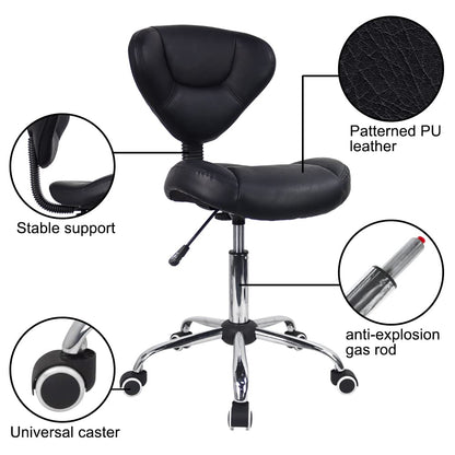 WKWKER Ergonomic Rolling Stool With Thick Cushion PU Leather Height Adjustable Swivel Stool For Work SPA Salon Tattoo With Back (Black)