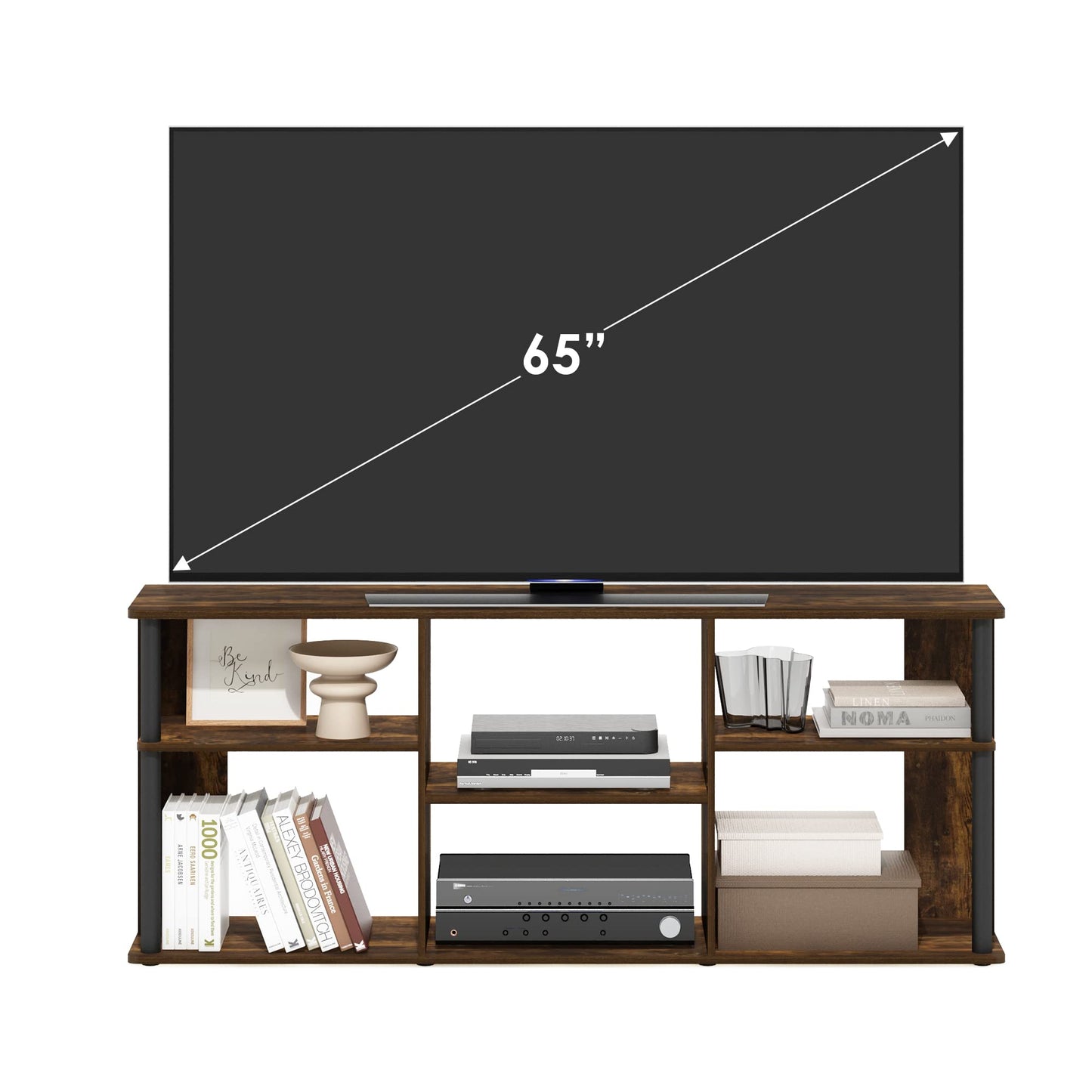 Furinno CLASSIC TV Stand, Entertainment Center, TV Console for TV up to 65 Inch with Plastic Poles, for Living Room, Bedroom, Amber Pine