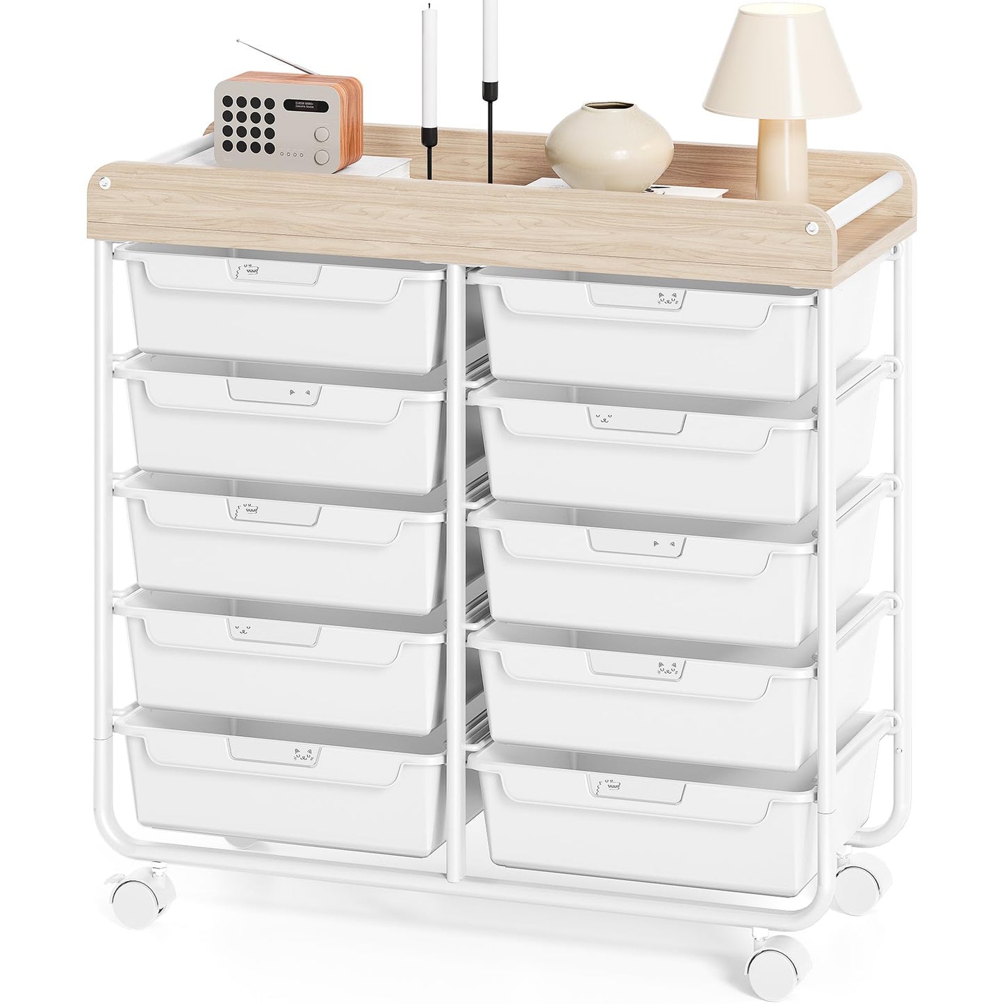 10 Drawers Rolling Cart with Wooden Tabletop, Utility Storage Cart with Wheels, Art Supply Craft Organizer on Wheel with Metal Frame & Handles for