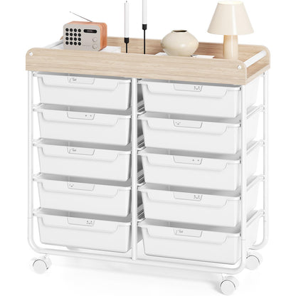 10 Drawers Rolling Cart with Wooden Tabletop, Utility Storage Cart with Wheels, Art Supply Craft Organizer on Wheel with Metal Frame & Handles for