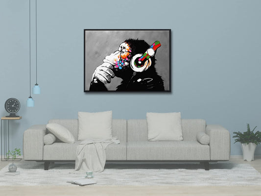 Wieco Art Black Framed Monkey With Headphones Banksy Graffiti Art Abstract Canvas Painting Posters and Prints Animal Canvas Wall Art for Wall Decor