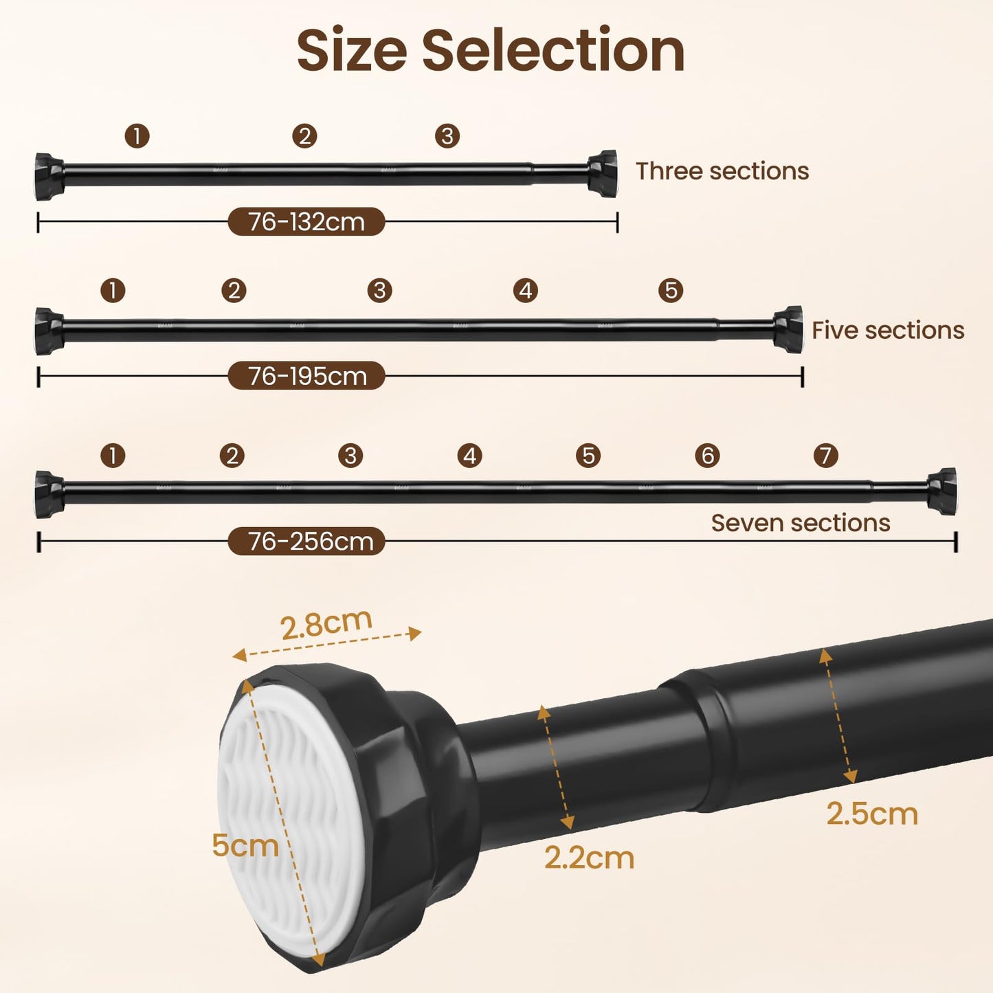 Black Extendable Shower Curtain Pole 76-195cm, Ø25mm Shower Curtain Pole No Drilling for Bathroom, Doorways, Balcony