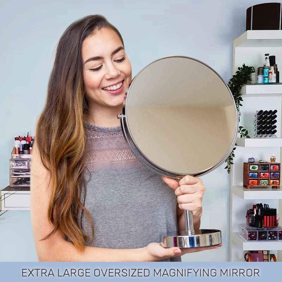 MIRRORVANA XXLarge 3X Magnifying Makeup Mirror on Stand for Dressing Table, Desk and Bathroom & Bedroom Vanity, Double Sided 3X/1X Magnification,