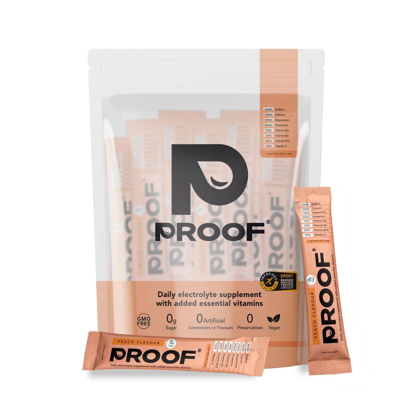 Electrolyte Supplement | Hydration Sachets | Zero Sugar Electrolyte Hydration with Essential Vitamins | (20 Servings, Peach) from Proof Hydration