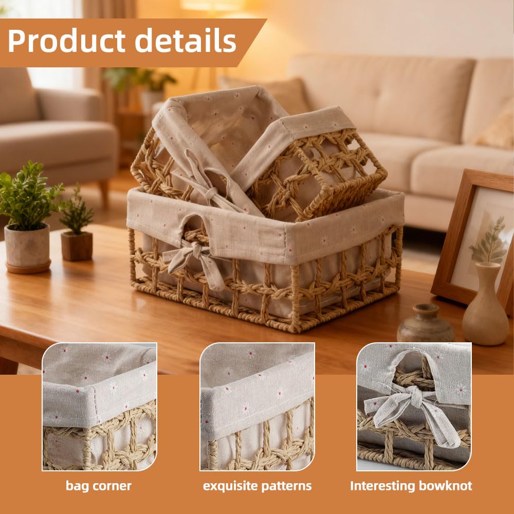 KiKiHong Set of 3 Boho Storage Baskets,Bathroom Basket with Linings