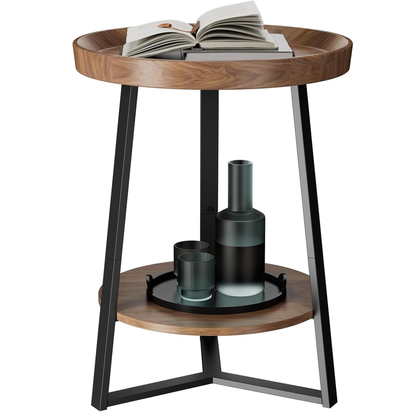 HOME BI Round End Table with Storage Shelf, 2 Tier Farmhouse Circle Side Table Nightstand for Living Room, Bedroom,Cherry Wood Grain