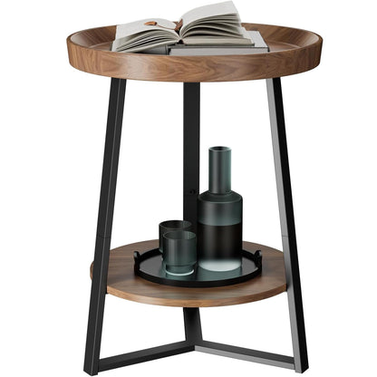 HOME BI Round End Table with Storage Shelf, 2 Tier Farmhouse Circle Side Table Nightstand for Living Room, Bedroom,Cherry Wood Grain