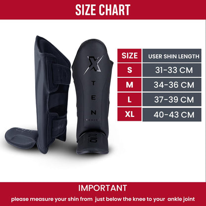XTEN SPORTS Shin Guards Muay Thai, MMA, Gel Integrated Padding, Training Sparring, Boxing, Kickboxing, BJJ, Taekwondo Protective Gear, Matte Black, XL