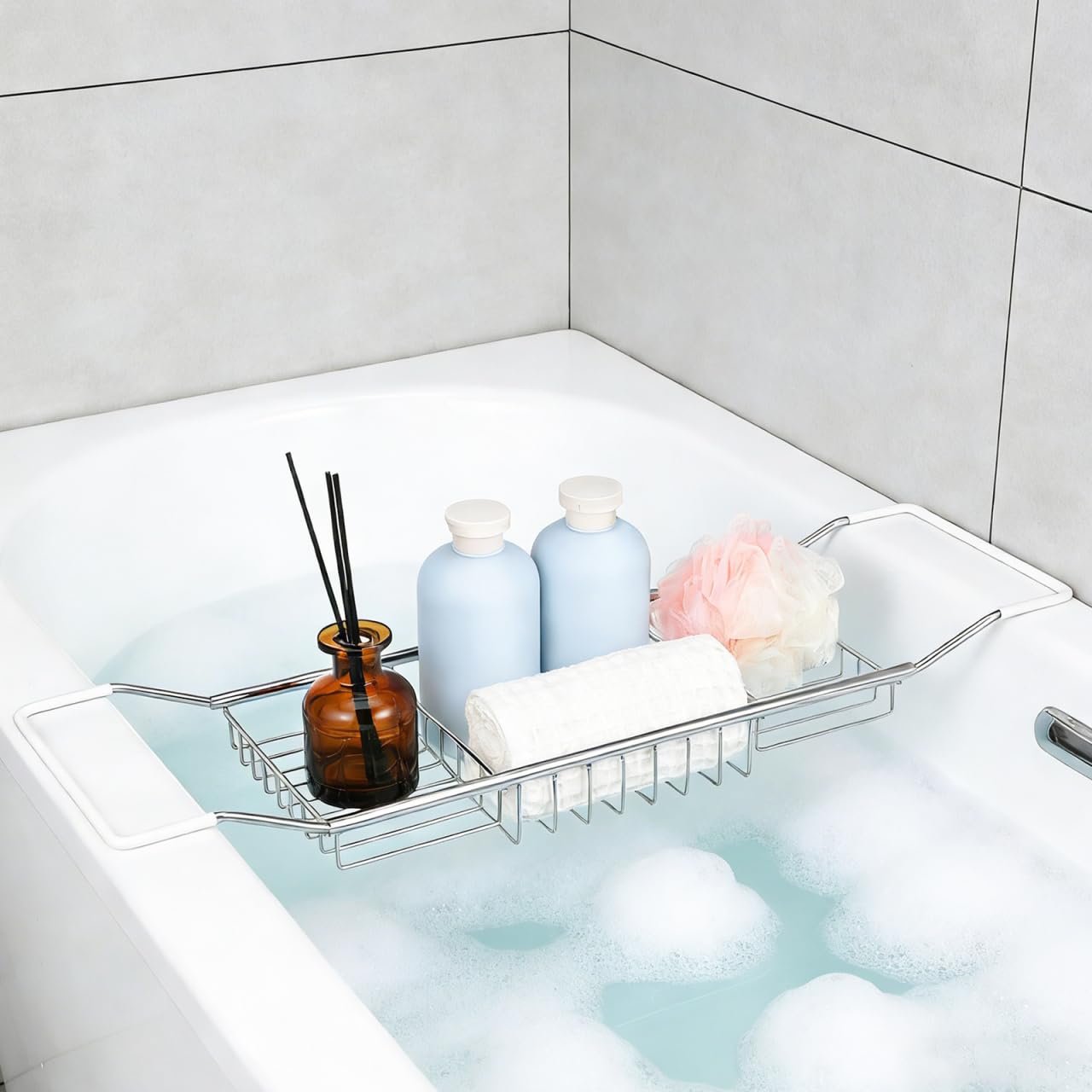 Operitacx Extendable Stainless Steel Bathtub Tray, Versatile Shower Tub Tray, Adjustable Bath Shelf Rack for Bathroom Storage Phone Holder Book Rest