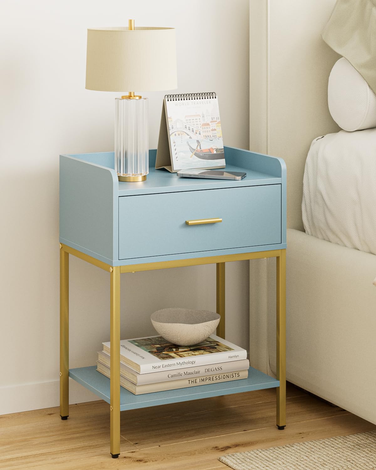 HEYZOEY Bedside Table, 3-tier Modern Bedside Table with Storage Drawer and Shelf, Small Side Table for Bedroom, Living Room, Blue