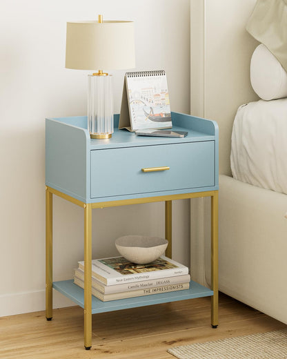 HEYZOEY Bedside Table, 3-tier Modern Bedside Table with Storage Drawer and Shelf, Small Side Table for Bedroom, Living Room, Blue