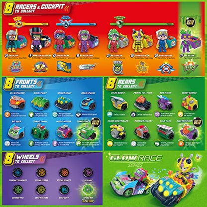 T-RACERS Glow Race Series – Collectible surprise car and driver. Car can be taken apart piece by piece, and parts are interchangeable