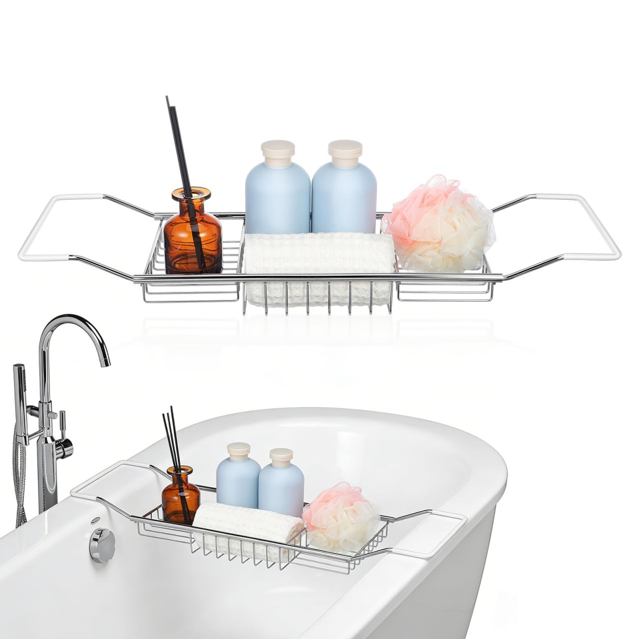 Operitacx Extendable Stainless Steel Bathtub Tray, Versatile Shower Tub Tray, Adjustable Bath Shelf Rack for Bathroom Storage Phone Holder Book Rest