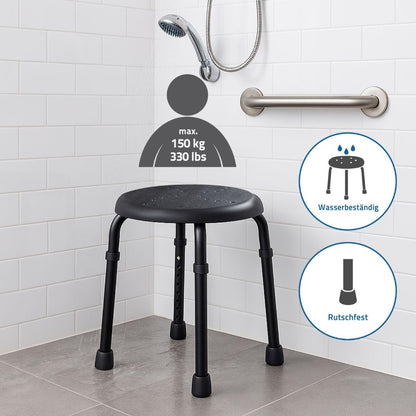 RIDDER Go Bathroom Stool Diameter 50 x 34.9 – 52.5 cm, Black, Aluminium/PE/TPR Height-Adjustable Shower Stool with Non-Slip Seat, Stable Bath Stool