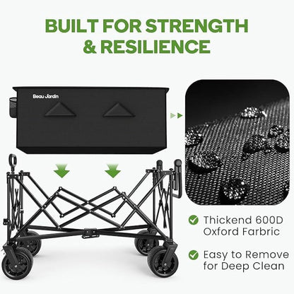 BEAU JARDIN XXL Festival Trolley Beach Cart - 220L 230KG(500LBS) Heavy Duty Folding Wagon All-Terrain Utility Wide Wheels for Camping & Shopping | Push & Pull Handle | Portable Collapsible | Black
