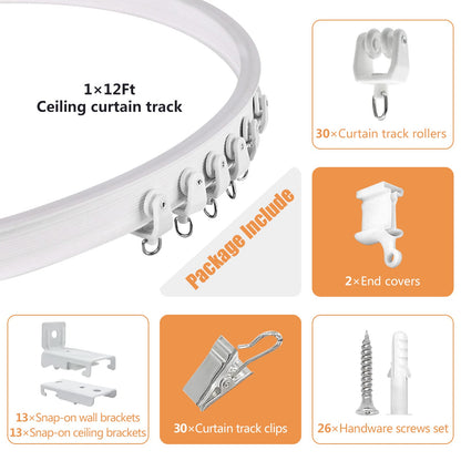 TOKPLNU Ceiling Curtain Track, Flexible Bendable Curtain Track 12Ft Curved Sliding Ceiling Track Set System for Room Divider Curtain Rail Track Wall