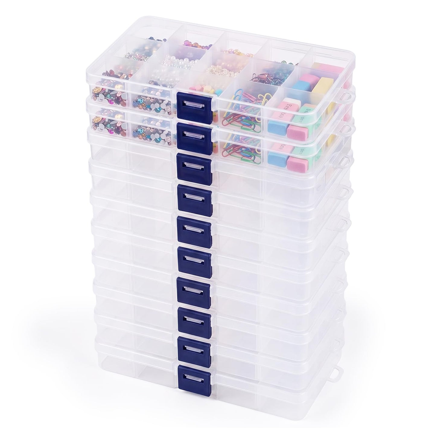 10 Pack Clear Plastic Storage Boxes with Lid, 15 Grids Adjustable Compartments Organiser Box