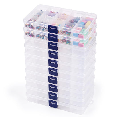 10 Pack Clear Plastic Storage Boxes with Lid, 15 Grids Adjustable Compartments Organiser Box